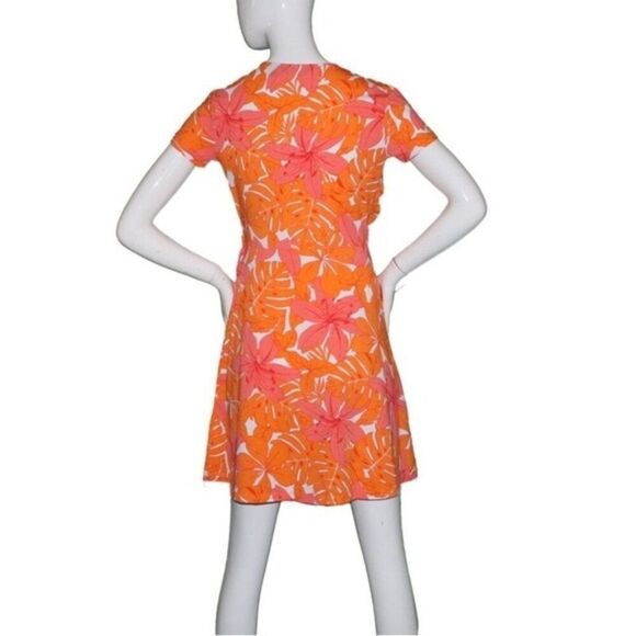Lands End Orange and Pink Tropical Print Faux Wrap Short Sleeve Dress Small - Picture 2 of 7